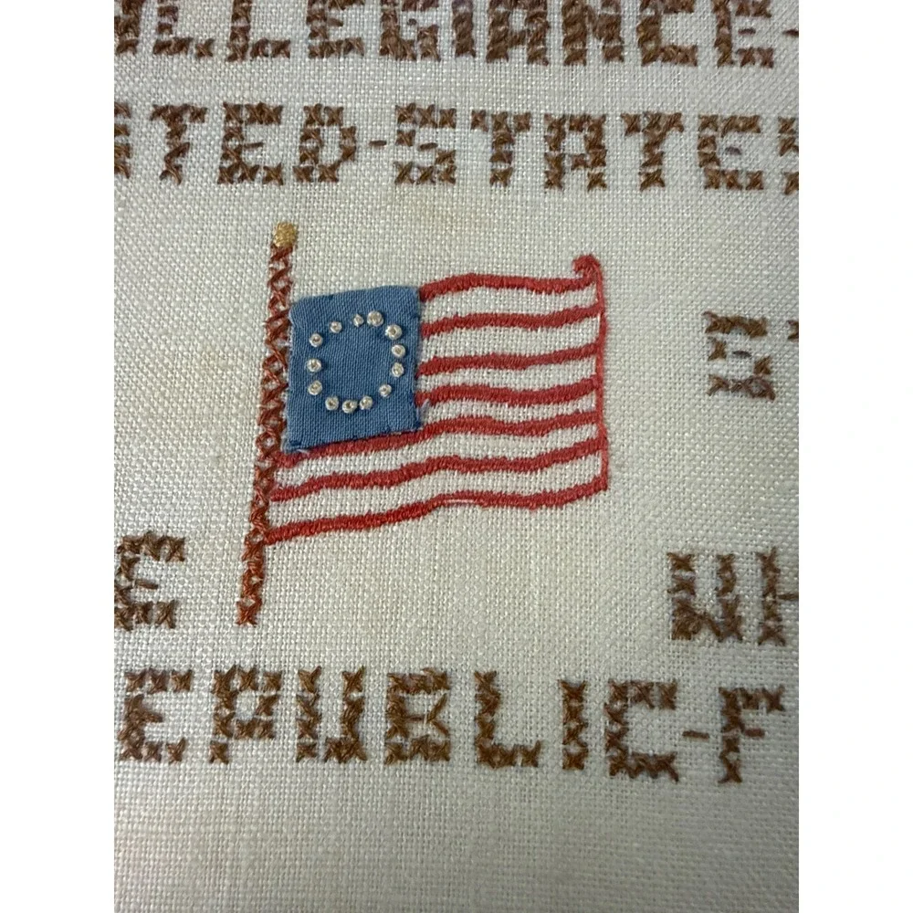 Pledge of Allegiance Cross Stitch Framed Americana Folk Art Flag 16x19